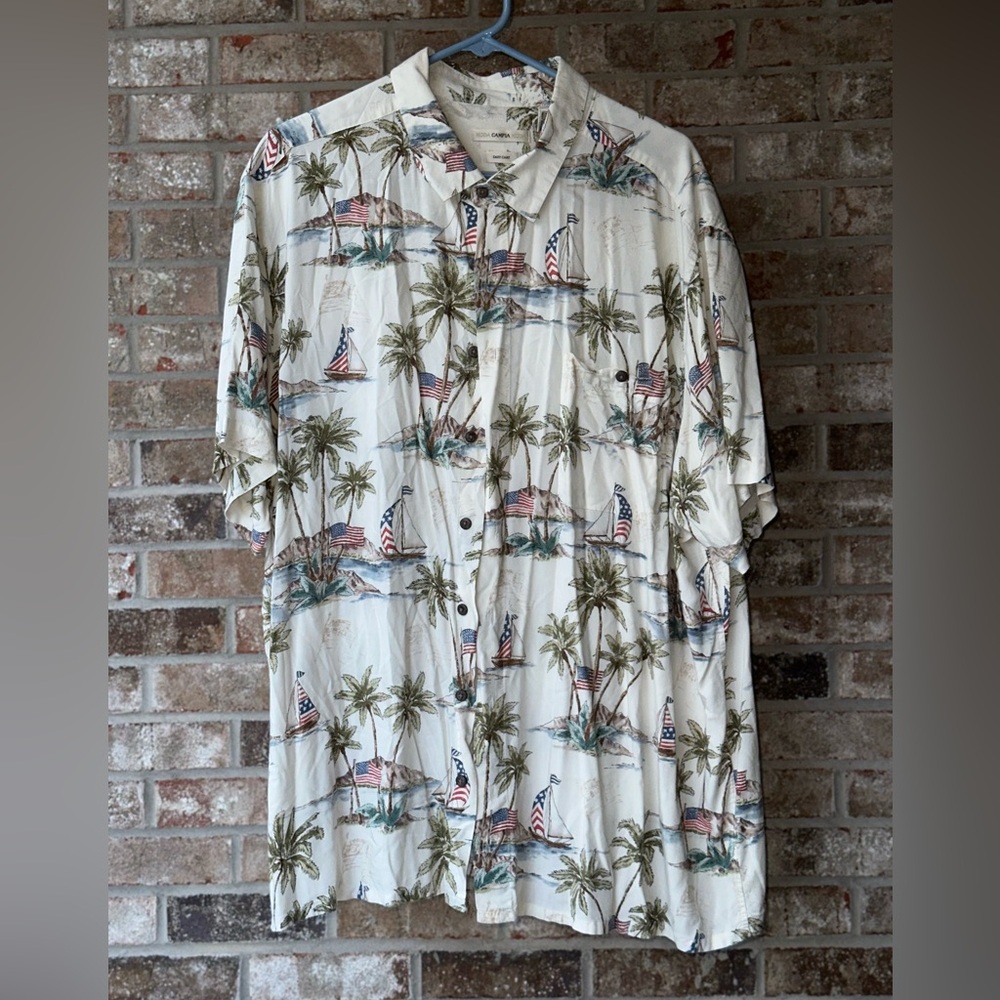 Green and White Casual Button Down Shirt with Tropical Design sail boat